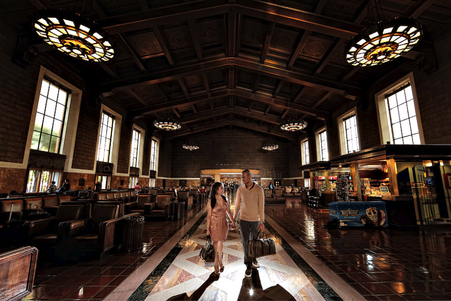engagement photo at union station - top engagement photo locations in los angeles